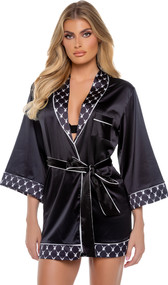 Satin short length robe features Playboy bunny head logo print trim, contrast piping, patch pocket, collar, three quarter length sleeves with cuffs, and waist sash with tie closure.