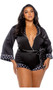 Satin romper features Playboy bunny head logo print trim, contrast piping, patch pocket, collar, three quarter length sleeves with cuffs, and waist sash with tie closure.