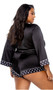Satin romper features Playboy bunny head logo print trim, contrast piping, patch pocket, collar, three quarter length sleeves with cuffs, and waist sash with tie closure.