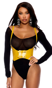 Leather harness features adjustable buckle straps, fabric back for a comfortable fit, front buckle accents, and front hook and loop closure.