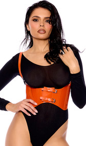 Leather harness features adjustable buckle straps, fabric back for a comfortable fit, front buckle accents, and front hook and loop closure.