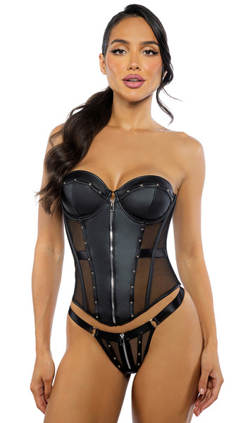 Strapless faux leather corset features underwire balconette cups, metal studs and front zipper detail, steel boning, mesh panels and lace up back.  Matching thong also included. Two piece set.