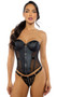 Strapless faux leather corset features underwire balconette cups, metal studs and front zipper detail, steel boning, mesh panels and lace up back.  Matching thong also included. Two piece set.