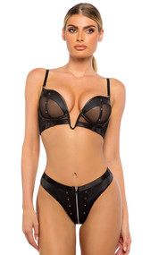 Faux leather bra features underwire balconette cups, plunging V wire, metal stud and zipper details, sheer mesh panels, adjustable shoulder straps and hook and eye back closure. Matching panty with thong back also included. Two piece set.