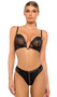 Faux leather bra features underwire balconette cups, plunging V wire, metal stud and zipper details, sheer mesh panels, adjustable shoulder straps and hook and eye back closure. Matching panty with thong back also included. Two piece set.