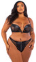 Faux leather bra features underwire balconette cups, plunging V wire, metal stud and zipper details, sheer mesh panels, adjustable shoulder straps and hook and eye back closure. Matching panty with thong back also included. Two piece set.