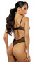 Faux leather teddy features underwire balconette cups, plunge v wire, metal stud and zipper detail, sheer mesh panels, adjustable shoulder straps, high cut on the leg, thong back and hook and eye back closure.