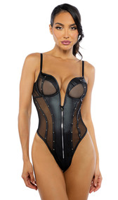 Faux leather teddy features underwire balconette cups, plunge v wire, metal stud and zipper detail, sheer mesh panels, adjustable shoulder straps, high cut on the leg, thong back and hook and eye back closure.