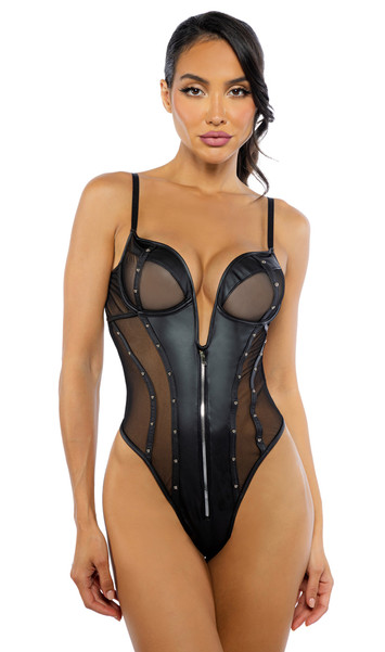 Faux leather teddy features underwire balconette cups, plunge v wire, metal stud and zipper detail, sheer mesh panels, adjustable shoulder straps, high cut on the leg, thong back and hook and eye back closure.