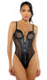 Faux leather teddy features underwire balconette cups, plunge v wire, metal stud and zipper detail, sheer mesh panels, adjustable shoulder straps, high cut on the leg, thong back and hook and eye back closure.