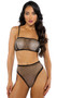 Rhinestone fishnet tube top features adjustable straps and fold over elastic trim. Matching high waisted shorts also included. Two piece set.