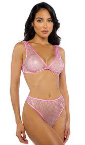 Rhinestone fishnet bralette features plunging V neckline, wide shoulder straps and fold over elastic trim. Matching high waisted shorts with cheeky cut back also included. Two piece set.