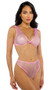 Rhinestone fishnet bralette features plunging V neckline, wide shoulder straps and fold over elastic trim. Matching high waisted shorts with cheeky cut back also included. Two piece set.