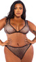 Rhinestone fishnet bralette features plunging V neckline, wide shoulder straps and fold over elastic trim. Matching high waisted shorts with cheeky cut back also included. Two piece set.
