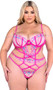 Strappy stretch satin teddy features seashell and starfish embroidered lace with scalloped trim, underwire demi cups, organza ribbon with teardrop accents, faux pearl strands, adjustable shoulder straps, hook and eye back closure, and strappy thong back with cotton gusset.