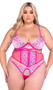 Strappy stretch satin bra features seashell and starfish embroidered lace with scalloped trim, underwire plunge cups, organza ribbon with teardrop accents, faux pearl strands, adjustable shoulder straps, and cage style back with hook and eye closure. Matching waspie features front busk opening, steel boning and hook and eye back closure. Matching thong with cotton gusset also included. Three piece set.