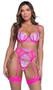Strappy stretch satin bra features seashell and starfish embroidered lace with scalloped trim, underwire demi cups, organza ribbon with teardrop accents, faux pearl strands, adjustable shoulder straps, and cage style back with hook and eye closure. Matching garter belt has adjustable straps and hook and eye back closure. Matching thong with cotton gusset also included. Three piece set.