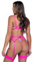 Strappy stretch satin bra features seashell and starfish embroidered lace with scalloped trim, underwire demi cups, organza ribbon with teardrop accents, faux pearl strands, adjustable shoulder straps, and cage style back with hook and eye closure. Matching garter belt has adjustable straps and hook and eye back closure. Matching thong with cotton gusset also included. Three piece set.
