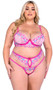 Strappy stretch satin bra features seashell and starfish embroidered lace with scalloped trim, underwire plunge cups, organza ribbon with teardrop accents, faux pearl strands, adjustable shoulder straps, and hook and eye back closure.  Matching high waisted thong with cotton gusset also included. Two piece set.