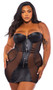 Strapless faux leather dress features underwire balconette cups, sheer mesh panels, studded trim, waist cincher straps, and front zipper closure.