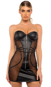 Strapless faux leather dress features underwire balconette cups, sheer mesh panels, studded trim, waist cincher straps, and front zipper closure.