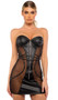Strapless faux leather dress features underwire balconette cups, sheer mesh panels, studded trim, waist cincher straps, and front zipper closure.