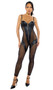 Faux leather and sheer mesh catsuit features underwire balconette cups, metal studded trim and front zipper, adjustable shoulder straps, and keyhole hook and eye back closure.