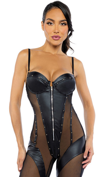 Faux leather and sheer mesh catsuit features underwire balconette cups, metal studded trim and front zipper, adjustable shoulder straps, and keyhole hook and eye back closure.