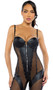 Faux leather and sheer mesh catsuit features underwire balconette cups, metal studded trim and front zipper, adjustable shoulder straps, and keyhole hook and eye back closure.