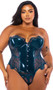 Strapless faux patent leather and eyelash lace bustier features underwire balconette cups, front busk opening, steel boning and mesh back with hook and eye closure. Matching G-string panty with cotton gusset also included. Two piece set.