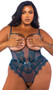 Faux patent leather and sheer mesh teddy features eyelash lace front panels with scalloped trim, underwire open cups, open crotch, adjustable shoulder straps, thong back, and cage style back with hook and eye closure.