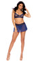 Lace bra with underwire cups, scalloped trim, adjustable shoulder straps and mesh back with hook and eye closure. Matching mini skirt features flyaway back and clip closure. Mesh G-string also included. Three piece set.