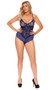 Lace and mesh teddy features underwire plunge cups, adjustable shoulder straps and keyhole hook and eye back closure.