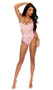 Lace and dotted mesh slip on teddy with strappy underwire cups, adjustable shoulder straps, cheeky cut and keyhole hook and eye back closure.