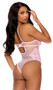 Lace and dotted mesh slip on teddy with strappy underwire cups, adjustable shoulder straps, cheeky cut and keyhole hook and eye back closure.