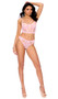 Lace and dotted mesh cami top features strappy underwire cups, adjustable shoulder straps and keyhole hook and eye back closure. Matching panty also included. Two piece set.