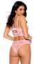 Lace and dotted mesh cami top features strappy underwire cups, adjustable shoulder straps and keyhole hook and eye back closure. Matching panty also included. Two piece set.