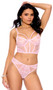 Lace and dotted mesh cami top features strappy underwire cups, adjustable shoulder straps and keyhole hook and eye back closure. Matching panty also included. Two piece set.