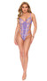 Embroidered mesh teddy features underwire cups, strappy open sides, adjustable shoulder straps, thong back and hook and eye back closure.