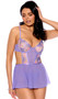 Embroidered mesh babydoll features underwire cups, open sides and back, adjustable shoulder straps and hook and eye back closure. Matching G-string also included. Two piece set.