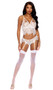 Eyelash lace cami top features strappy underwire demi cups, zig zag hem, keyhole front, adjustable shoulder straps and flyaway back with hook and eye closure. Matching panty features adjustable garters. Two piece set.