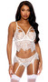 Eyelash lace cami top features strappy underwire demi cups, zig zag hem, keyhole front, adjustable shoulder straps and flyaway back with hook and eye closure. Matching panty features adjustable garters. Two piece set.