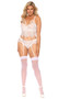 Eyelash lace cami top features strappy underwire demi cups, zig zag hem, keyhole front, adjustable shoulder straps and flyaway back with hook and eye closure. Matching panty features adjustable garters. Two piece set.
