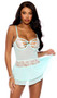 Mesh babydoll features strappy underwire plunge cups with O ring accent, scalloped lace trim, double layered skirt, adjustable shoulder straps and keyhole back hook and eye closure. Matching G-string also included. Two piece set.