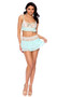 Scalloped lace and mesh cami top features underwire cups, ruffle trim, strappy front detail with O ring accent, adjustable shoulder straps and hook and eye back closure. Matching mini skirt with tiered mesh layers also included. Two piece set. 