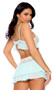 Scalloped lace and mesh cami top features underwire cups, ruffle trim, strappy front detail with O ring accent, adjustable shoulder straps and hook and eye back closure. Matching mini skirt with tiered mesh layers also included. Two piece set. 