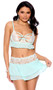 Scalloped lace and mesh cami top features underwire cups, ruffle trim, strappy front detail with O ring accent, adjustable shoulder straps and hook and eye back closure. Matching mini skirt with tiered mesh layers also included. Two piece set. 