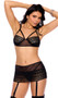 Mesh and crochet lace bra with strappy underwire demi cups, adjustable shoulder straps and back hook and eye closure. Matching garter skirt with adjustable garters and lace up back detail also included. Matching G-string panty also included. Three piece set.