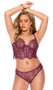 Eyelash lace cami top features underwire cups, scalloped trim, adjustable shoulder straps and flyaway back with hook and eye closure. Matching panty included. Two piece set.
