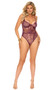 Eyelash lace teddy features underwire cups, strappy accents, adjustable shoulder straps, high cut on the leg, cheeky back and hook and eye back closure.